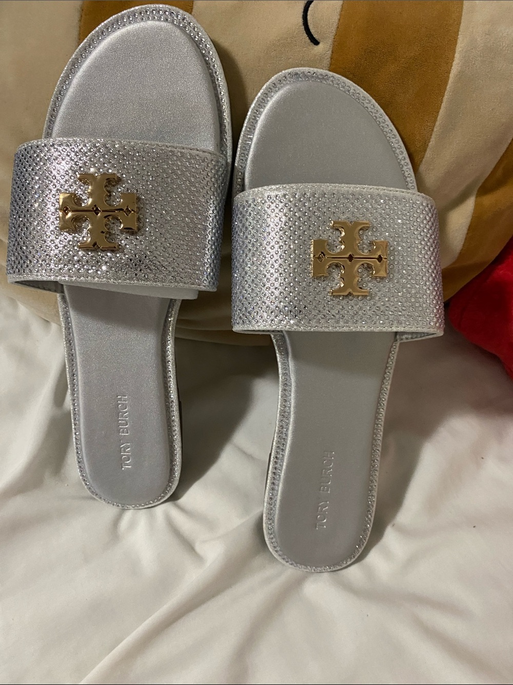 Tory Burch Silver Metallic Logo Slide Sandals